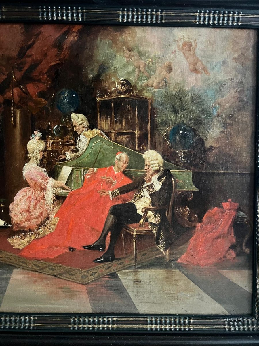 Tableau  Séance de  Piano avec le Cardinal  19 ème Huile sur toile. -photo-3