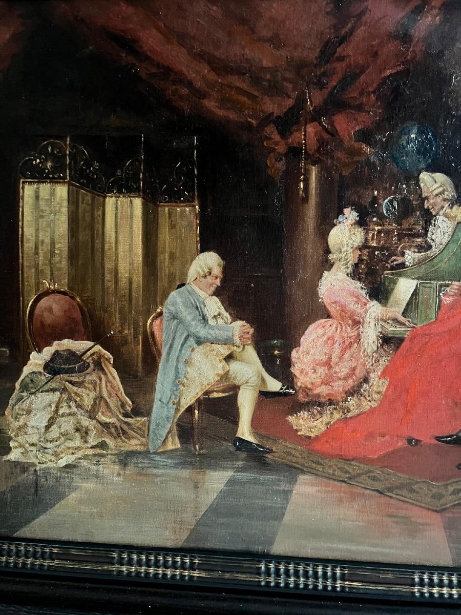 Tableau  Séance de  Piano avec le Cardinal  19 ème Huile sur toile. -photo-2