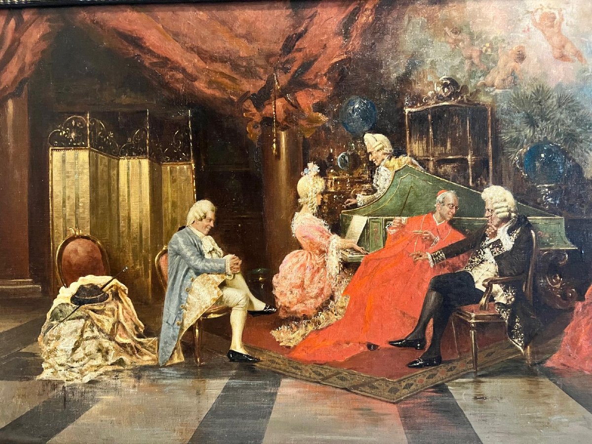 Tableau  Séance de  Piano avec le Cardinal  19 ème Huile sur toile. 