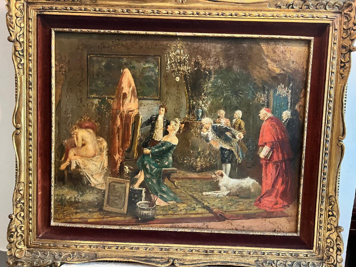 Painting: *the Bourgeois* In *the Painter's Studio*, Signed Lower Left, 19th Century, Carved Wooden Frame-photo-2
