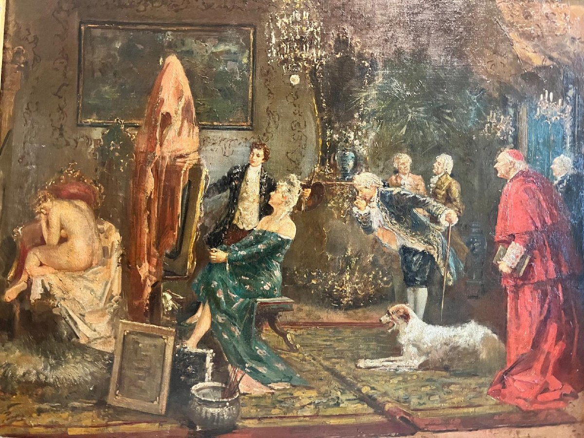 Painting: *the Bourgeois* In *the Painter's Studio*, Signed Lower Left, 19th Century, Carved Wooden Frame-photo-3