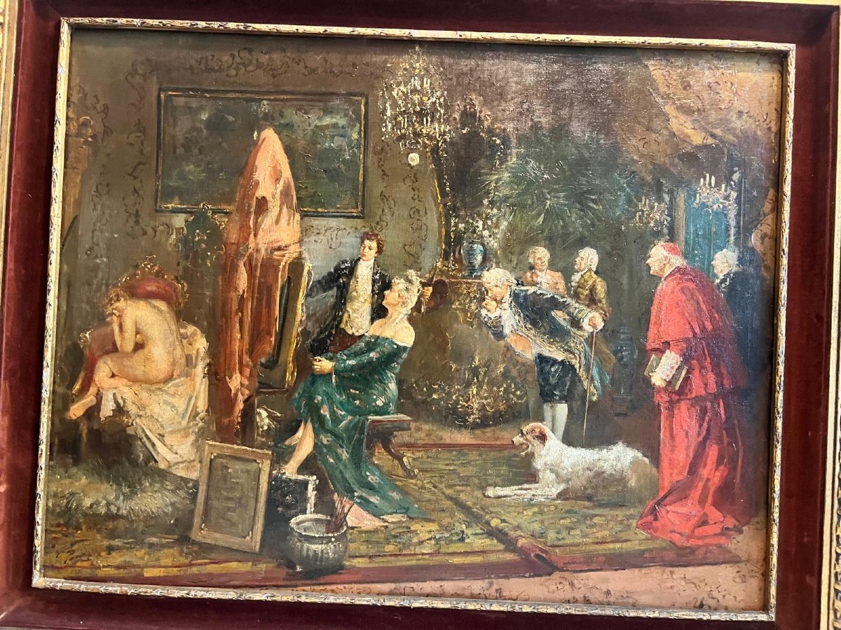 Painting: *the Bourgeois* In *the Painter's Studio*, Signed Lower Left, 19th Century, Carved Wooden Frame-photo-4