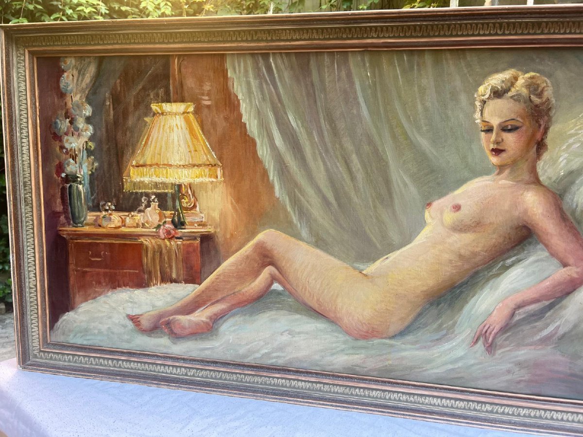Tableau  Femme Nu Signé  Carlos  Cherubini  1897-1978  20 ème Huile sur toile -photo-1