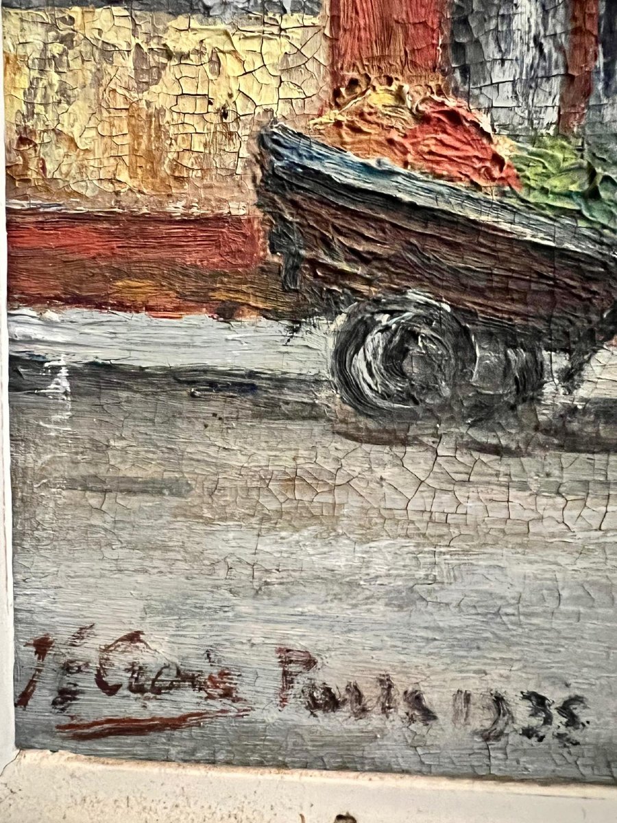 Tableau Rue animée à Paris Signé Illisible 1935 Huile sur bois. -photo-3