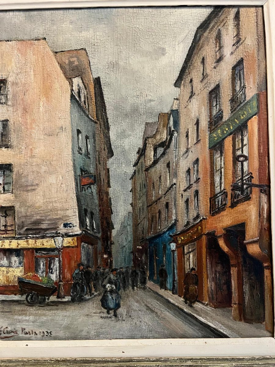 Tableau Rue animée à Paris Signé Illisible 1935 Huile sur bois. -photo-4