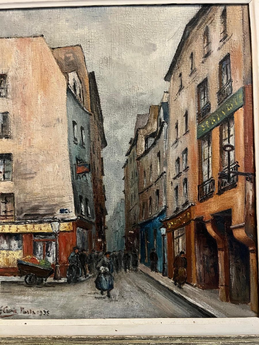 Tableau Rue animée à Paris Signé Illisible 1935 Huile sur bois. 