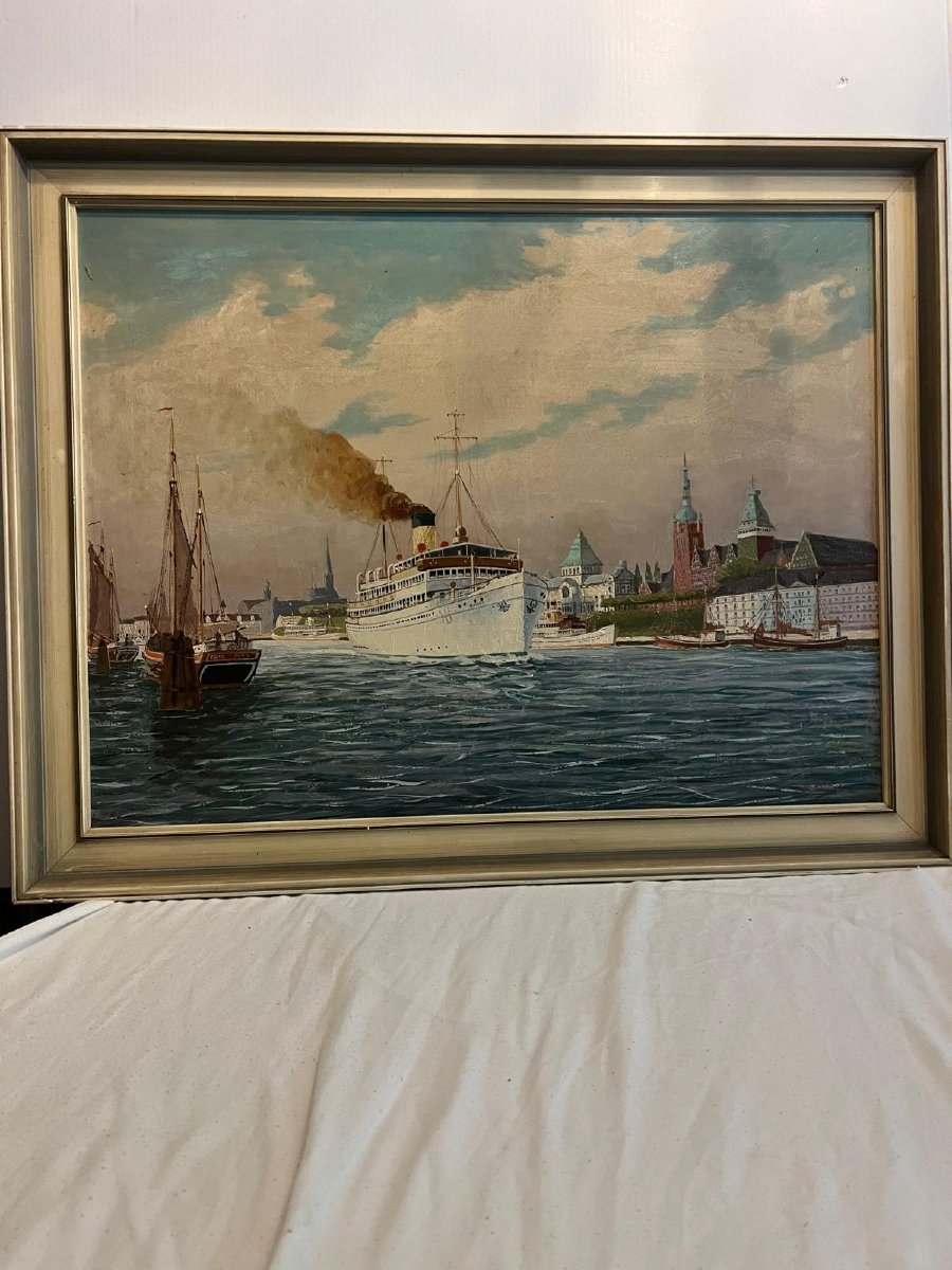 Tableau  Bateau dans le Port de  Stettin,  Polen  Signé  Wilhelm  Hoffman  1897- 1986.-photo-2