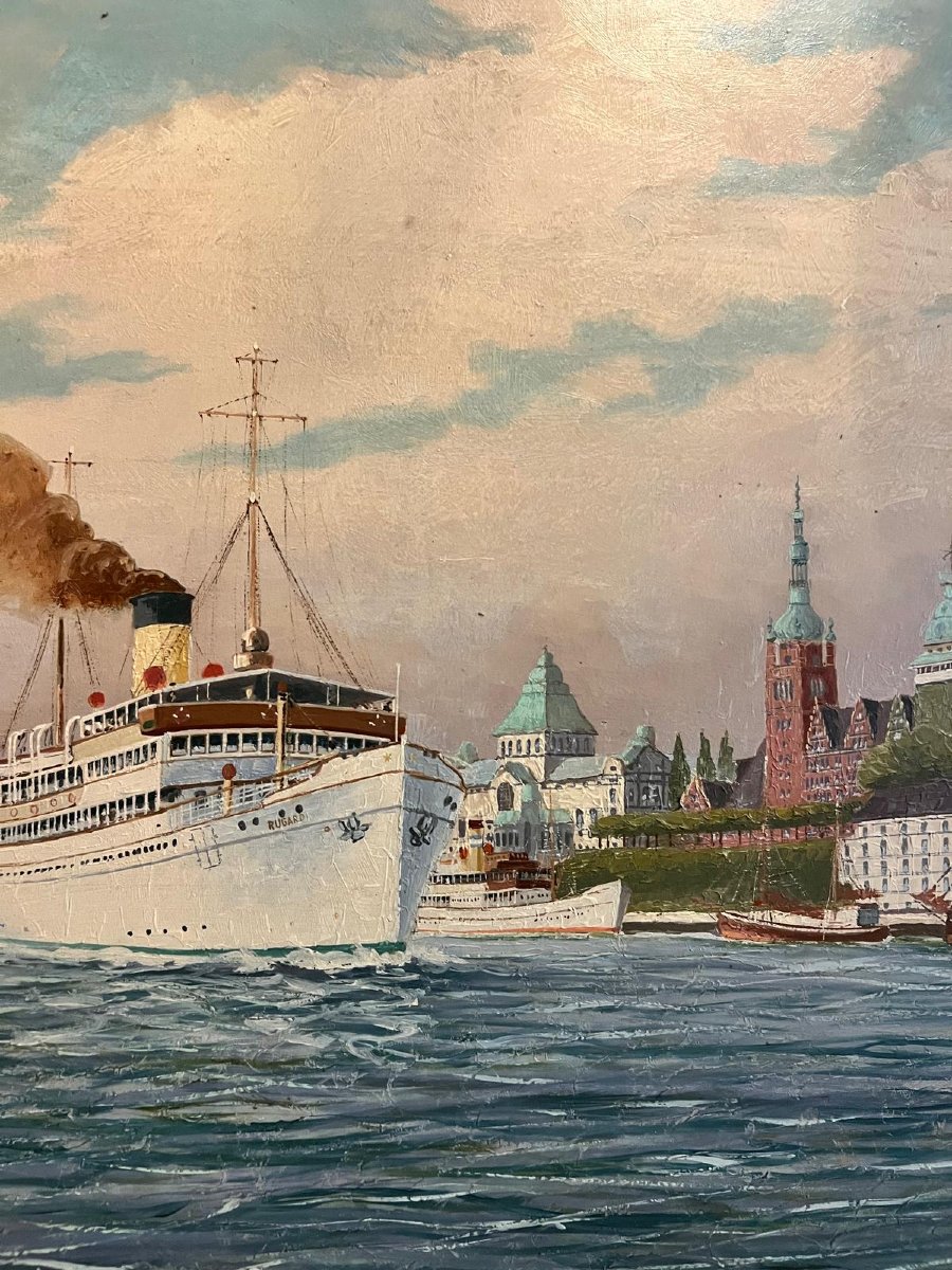 Tableau  Bateau dans le Port de  Stettin,  Polen  Signé  Wilhelm  Hoffman  1897- 1986.-photo-4