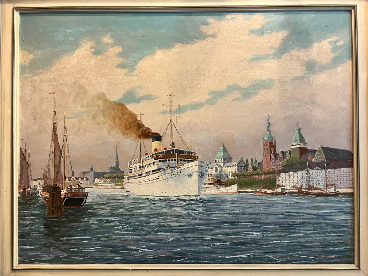 Tableau  Bateau dans le Port de  Stettin,  Polen  Signé  Wilhelm  Hoffman  1897- 1986.