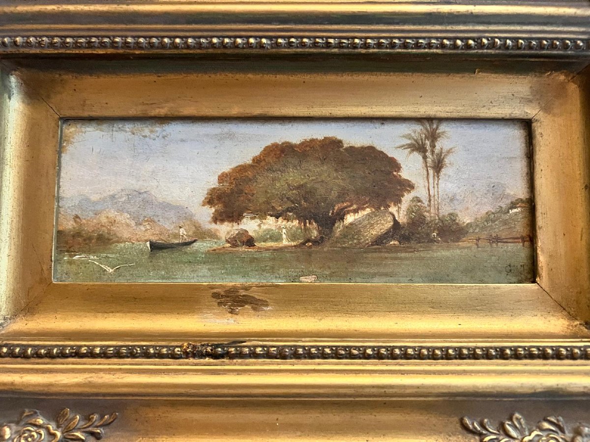 Tableau  Paysage Lacuste Monogramme bas Droite  G. J.  Huile sur bois. -photo-3