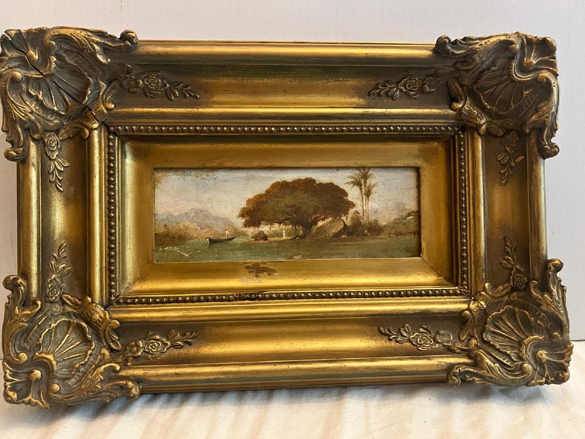 Tableau  Paysage Lacuste Monogramme bas Droite  G. J.  Huile sur bois. 