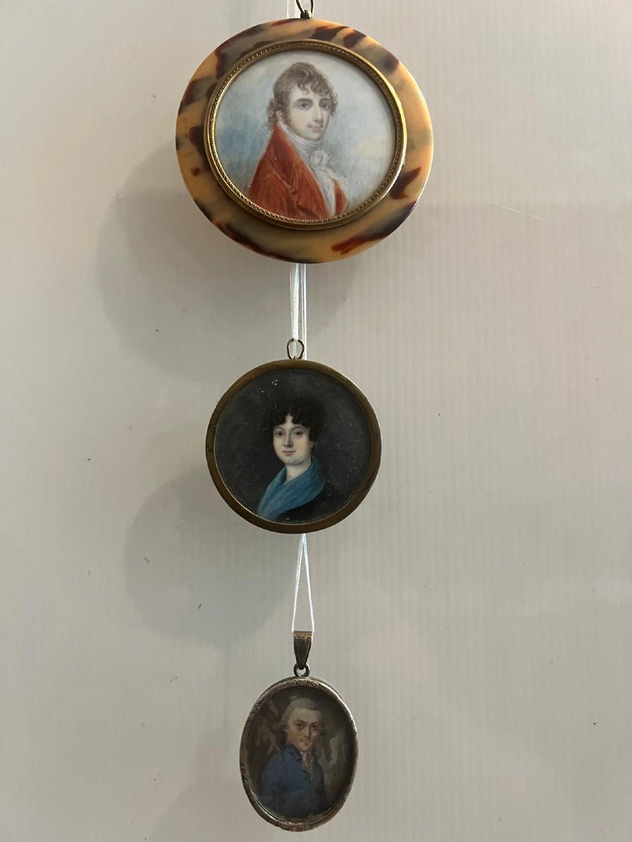  Three  Miniature Gouache Portraits  From The 19th Century  In Period Frames. 