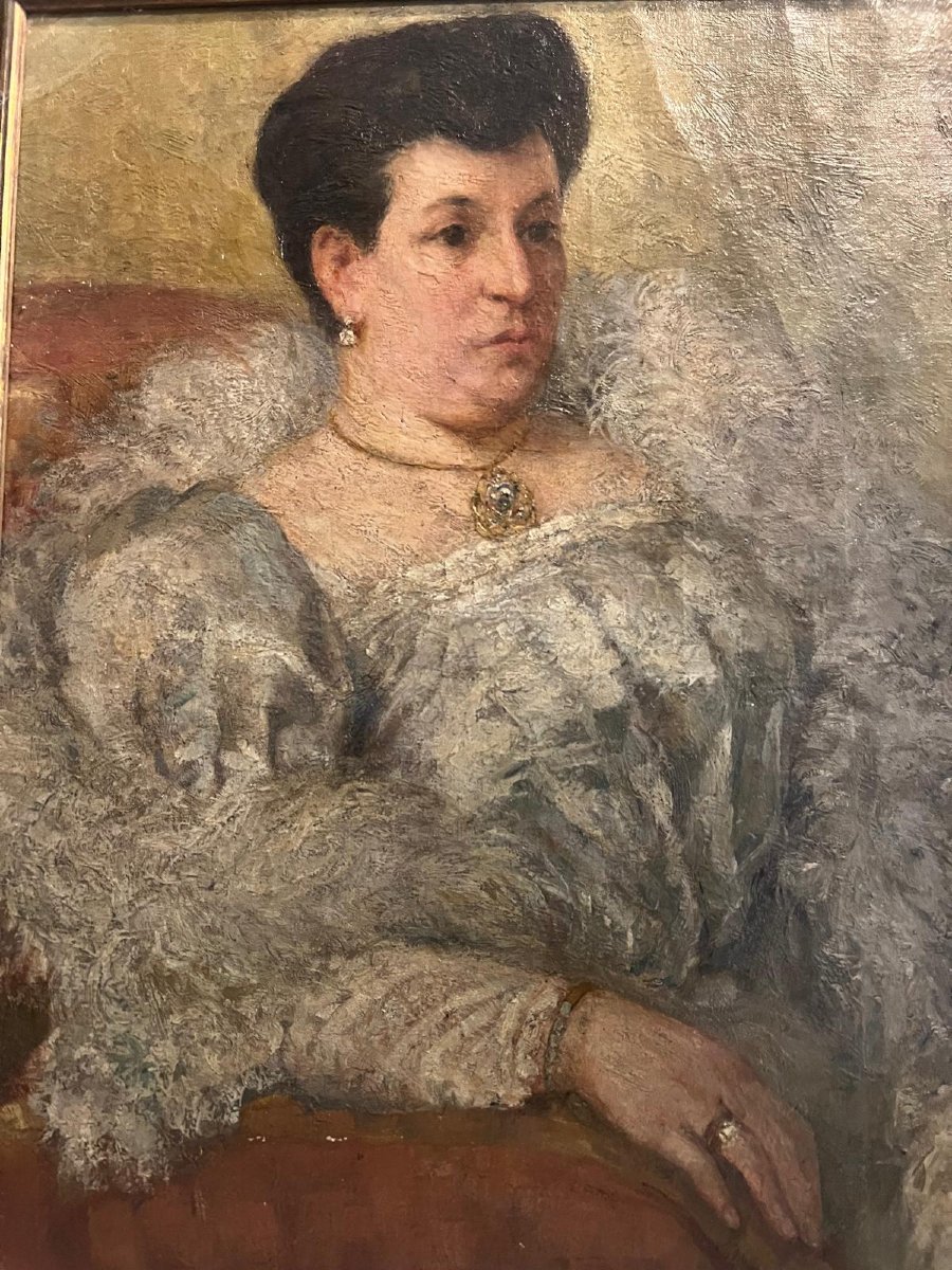 Tableau  Portrai de Femme Élégante Signé Illisible Huile sur Toile XX ème. -photo-2