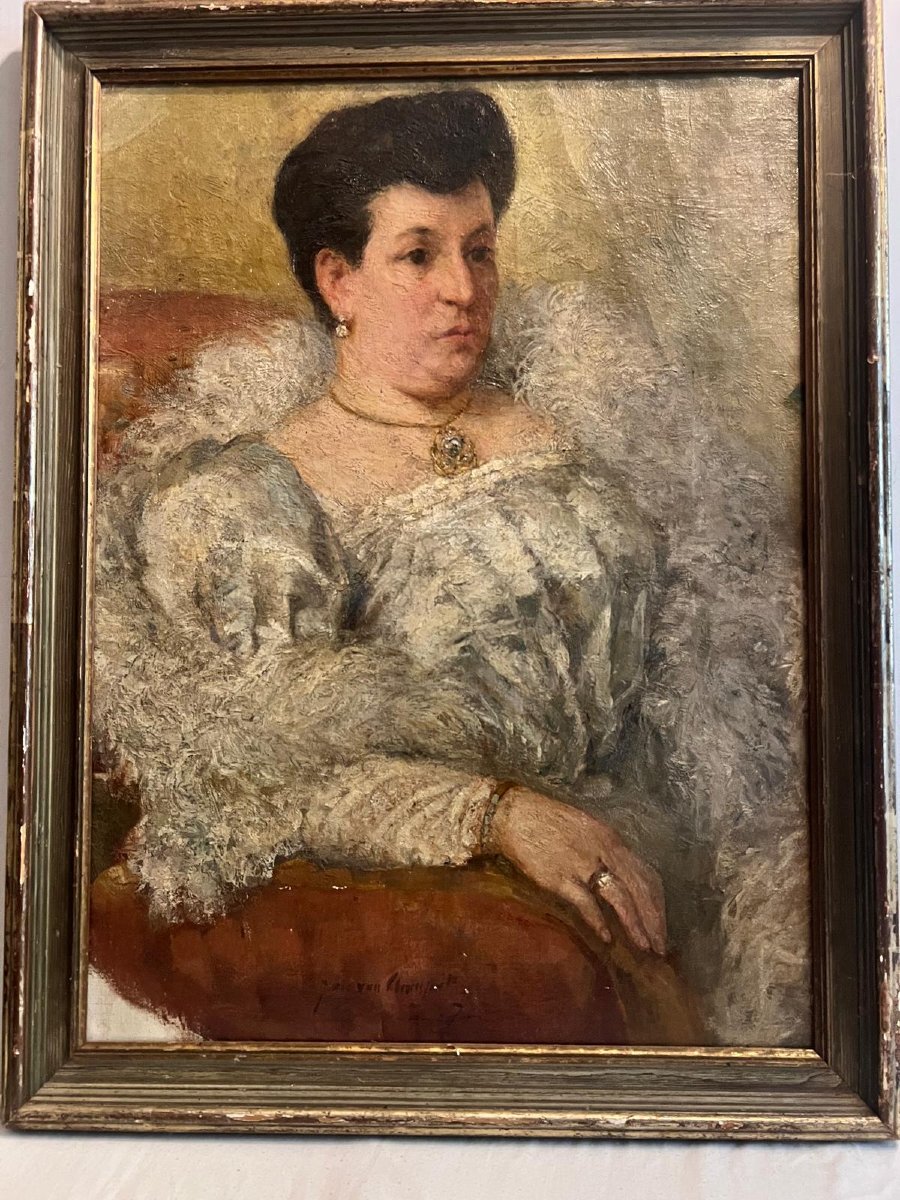 Tableau  Portrai de Femme Élégante Signé Illisible Huile sur Toile XX ème. 