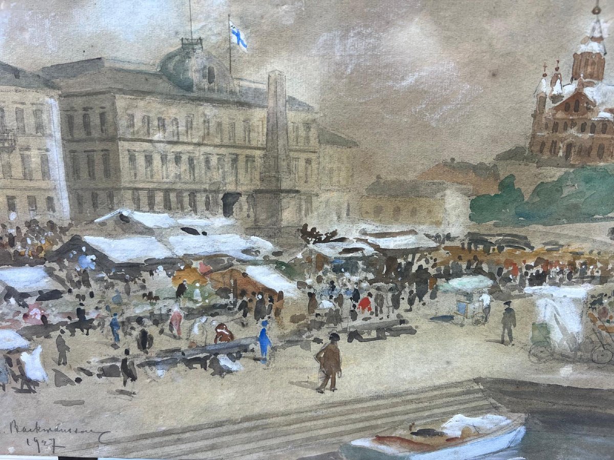 Painting: Scene From A Finnish School March, Signed Hugo Barkmansson (1860–1953), Gouache. 