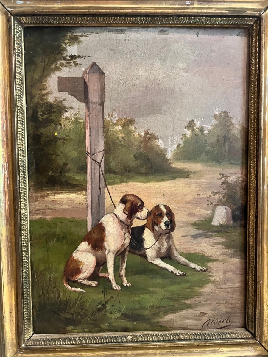 2  Tableaux  19 ème Chiens de Chasse Signé Alberti  Cadre d'époque Huile sur bois. -photo-2