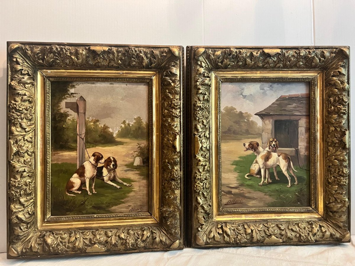 2  Tableaux  19 ème Chiens de Chasse Signé Alberti  Cadre d'époque Huile sur bois. -photo-3