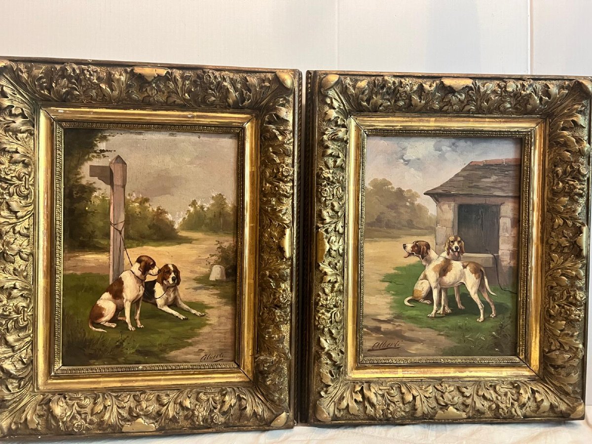 2  Tableaux  19 ème Chiens de Chasse Signé Alberti  Cadre d'époque Huile sur bois. 