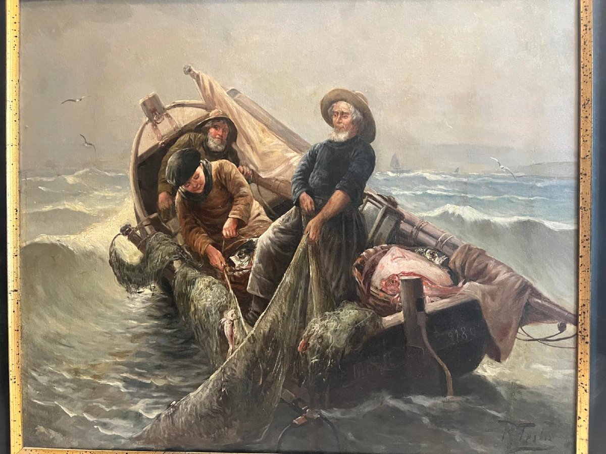 Painting: "fisherman Hauling In His Nets" (signed, Illegible), Oil On Canvas. -photo-2