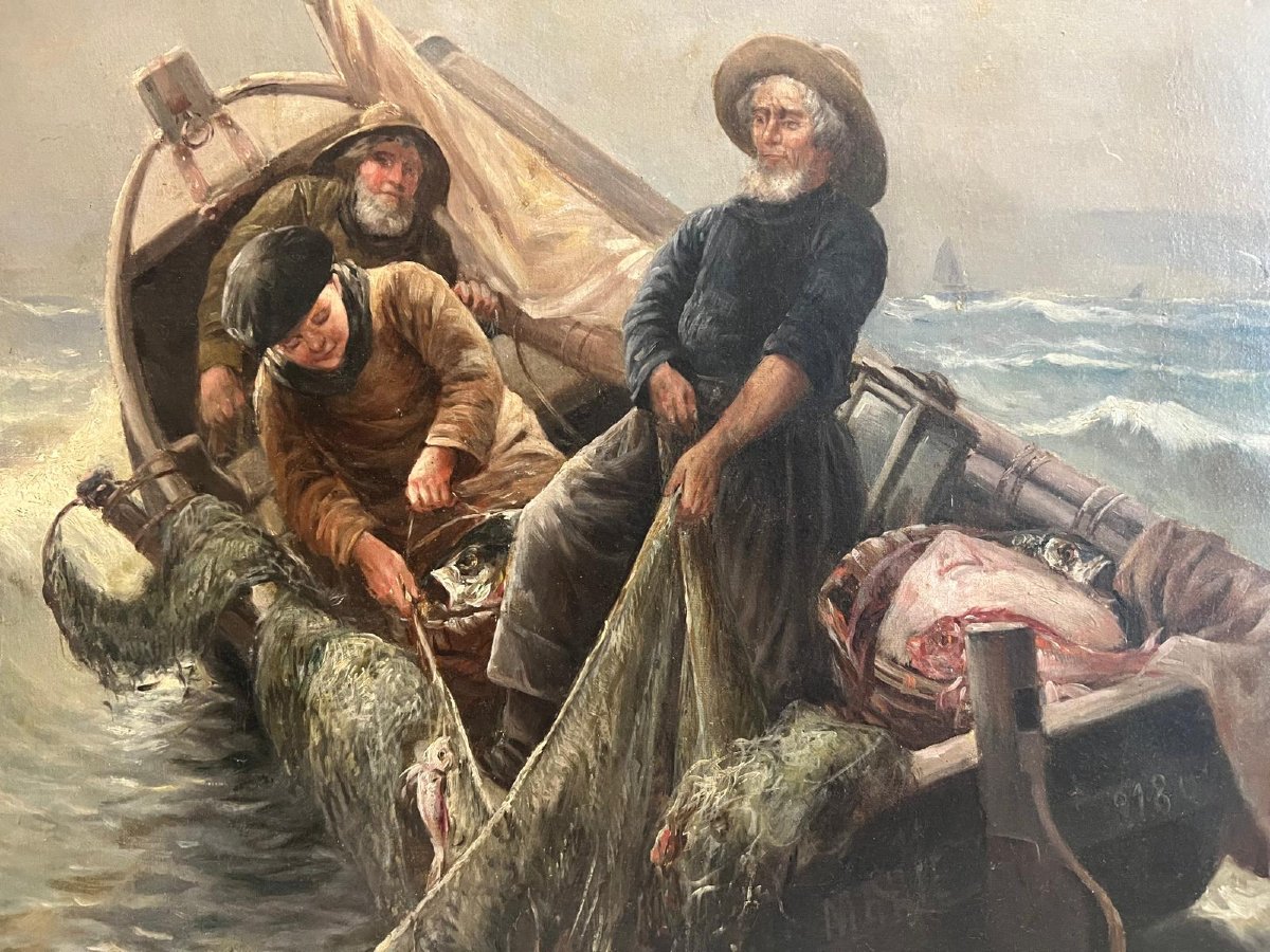 Painting: "fisherman Hauling In His Nets" (signed, Illegible), Oil On Canvas. -photo-3