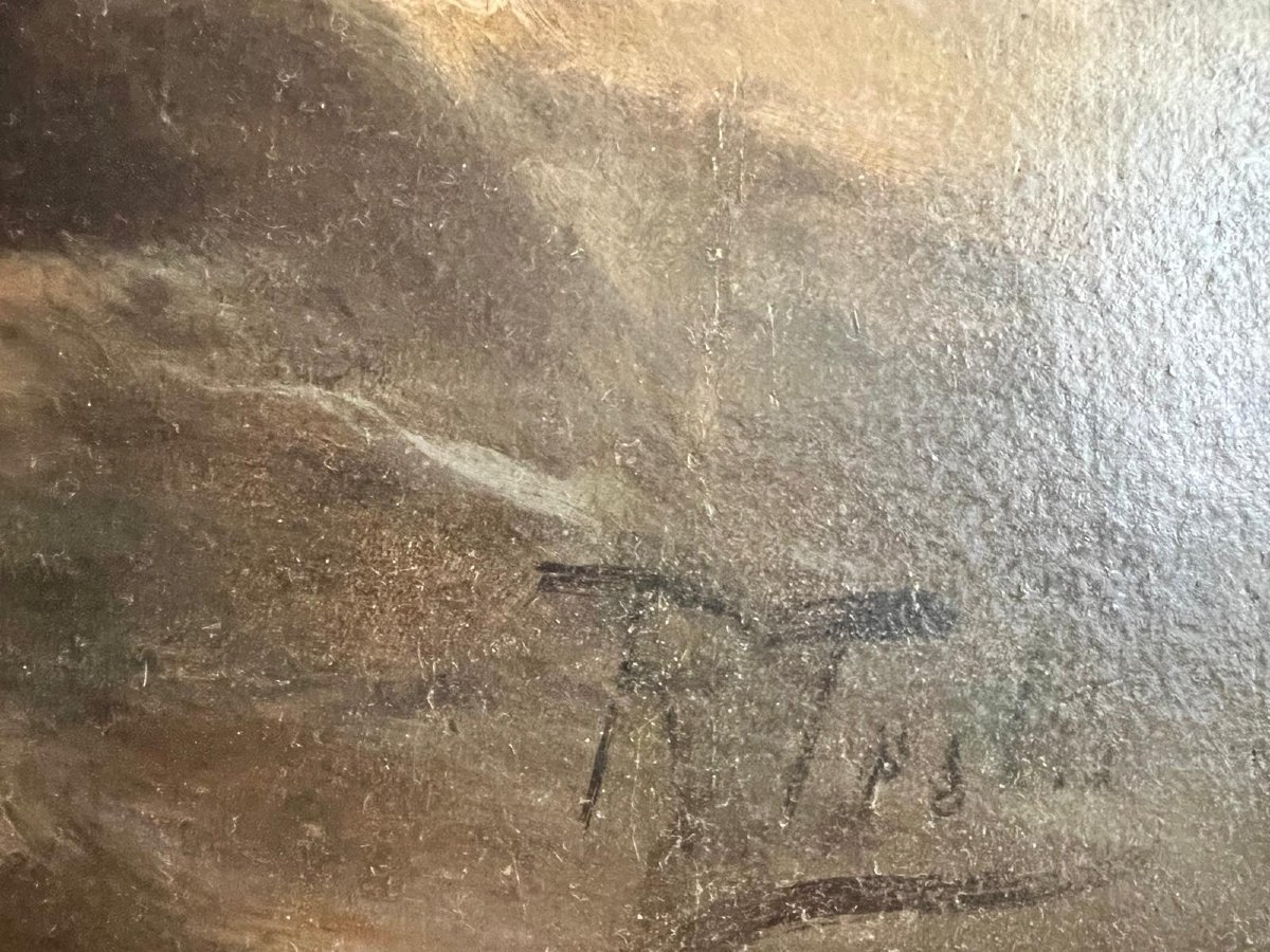 Painting: "fisherman Hauling In His Nets" (signed, Illegible), Oil On Canvas. -photo-4