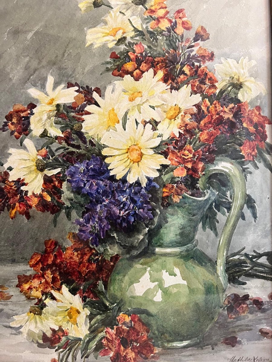 Painting: *vase Of Flowers* By Mathilde Lefebure (born 1869). Watercolor. -photo-2