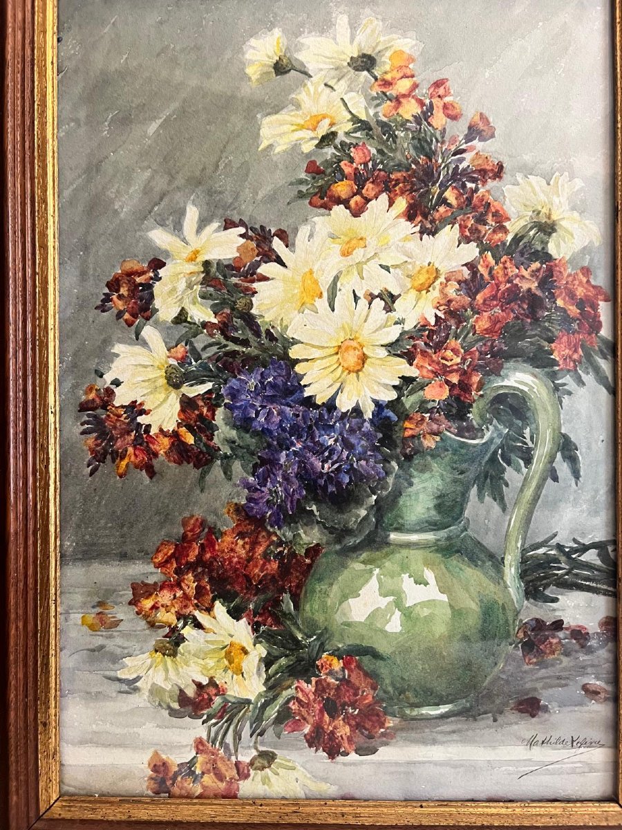 Painting: *vase Of Flowers* By Mathilde Lefebure (born 1869). Watercolor. -photo-4