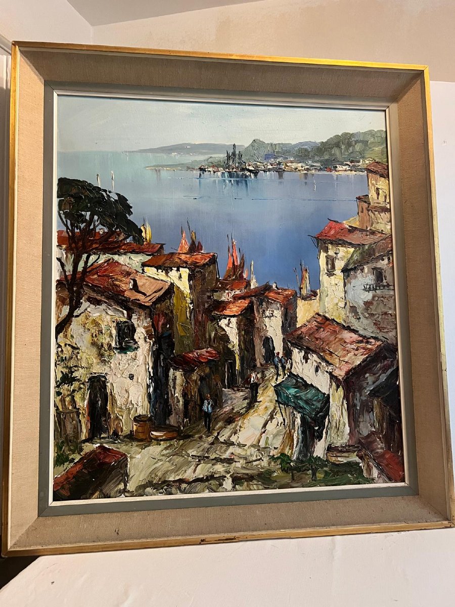 Tableau  Paysage  Méditerranée  Signé Illisible Huile sur Toile. 