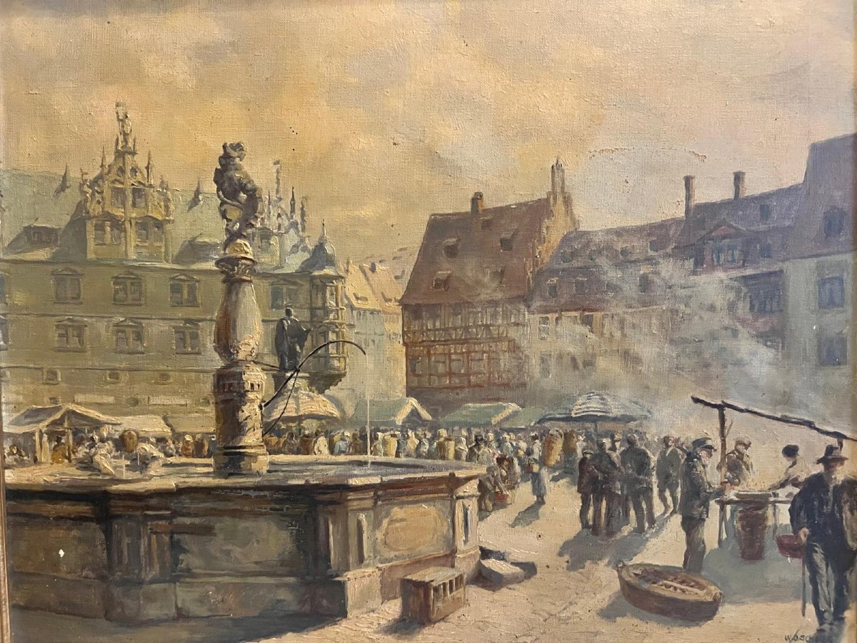 Painting Titled "lively Square In Coburg, Germany," Signed By Wilhelm Otto Scheibe (1882–1946).-photo-4