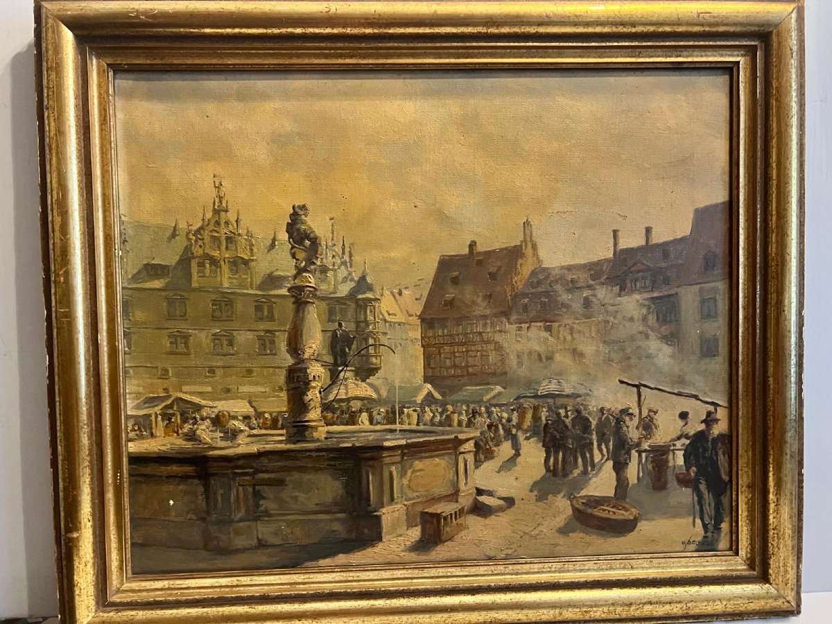 Painting Titled "lively Square In Coburg, Germany," Signed By Wilhelm Otto Scheibe (1882–1946).