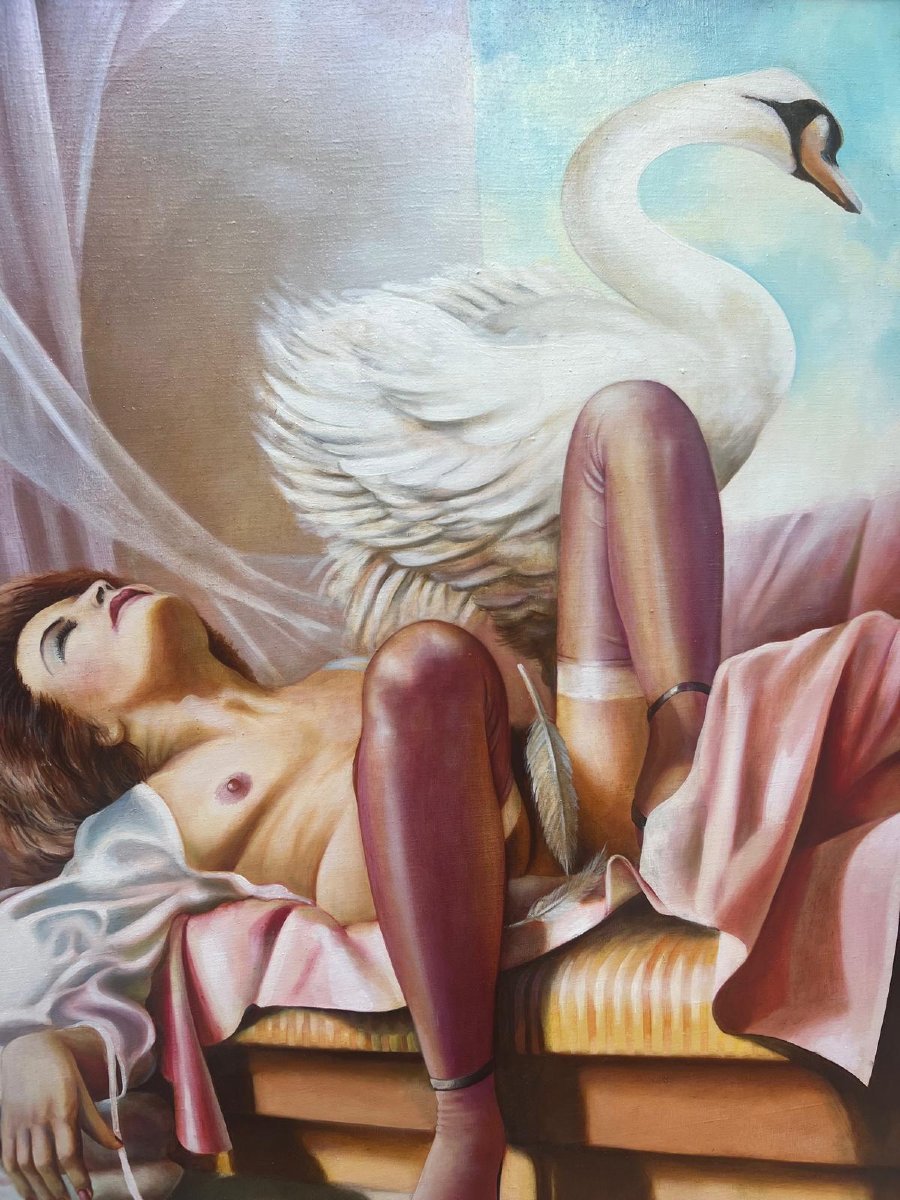Tableau Polonaise  Signé  Z. Horodecki 84  le Cigne et Leda. Huile sur toile. -photo-2