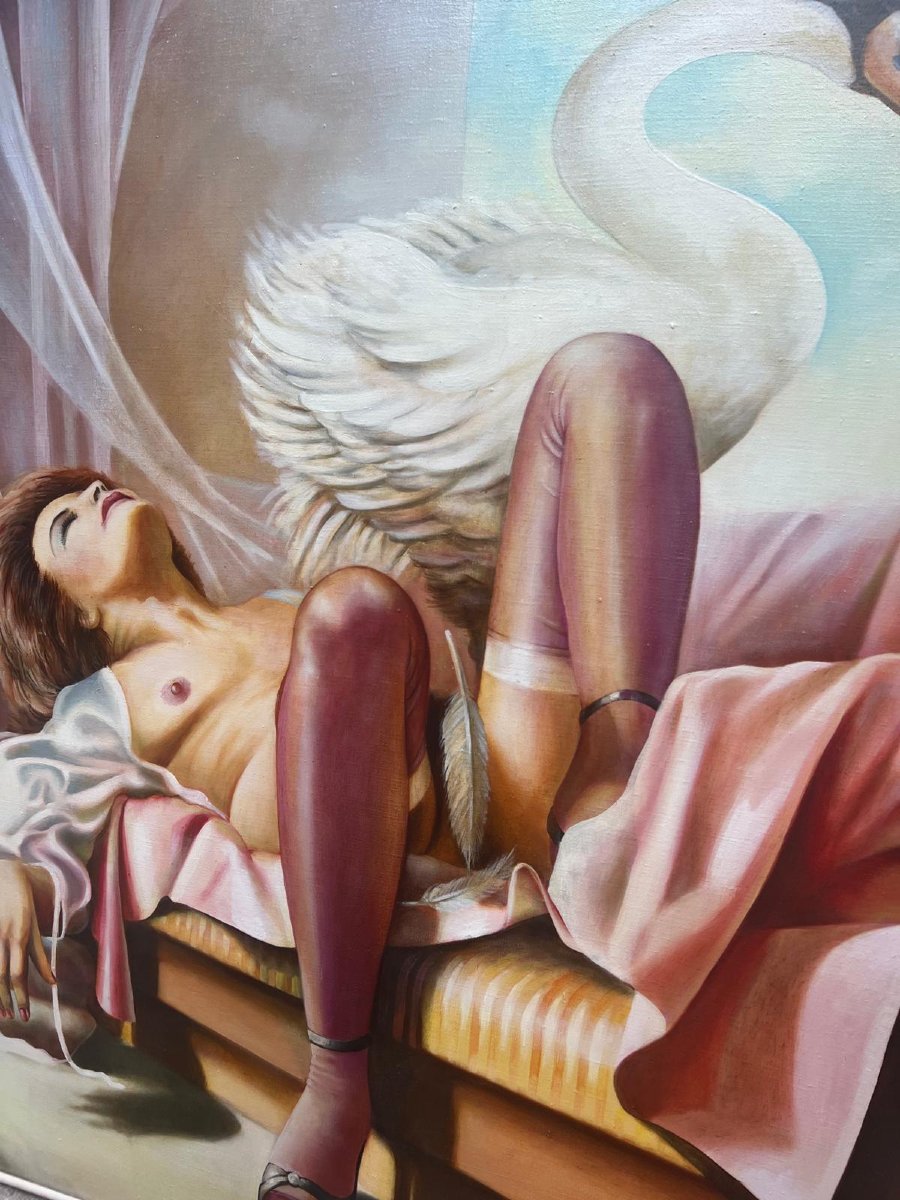 Tableau Polonaise  Signé  Z. Horodecki 84  le Cigne et Leda. Huile sur toile. -photo-4