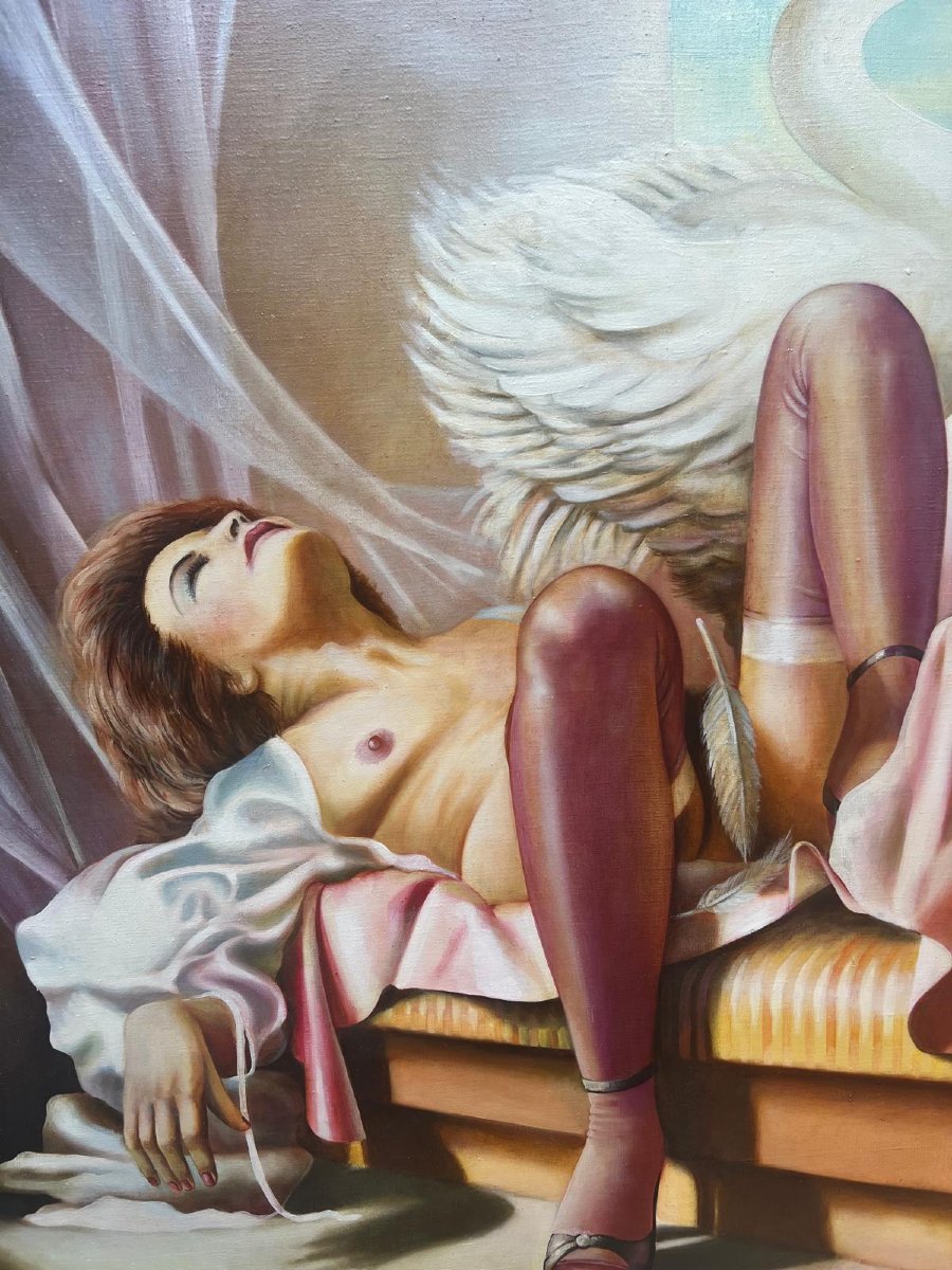 Tableau Polonaise  Signé  Z. Horodecki 84  le Cigne et Leda. Huile sur toile. -photo-1