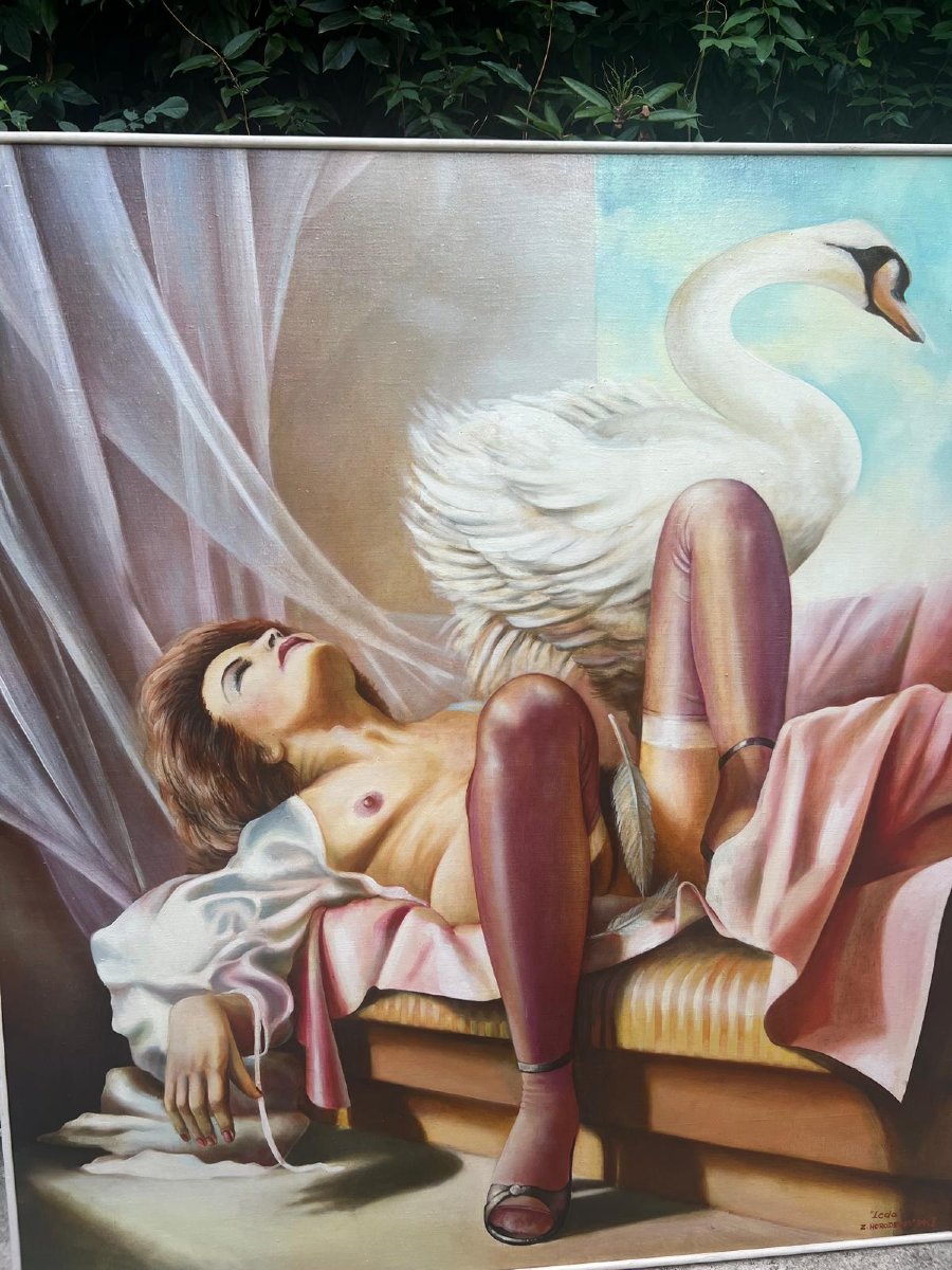 Tableau Polonaise  Signé  Z. Horodecki 84  le Cigne et Leda. Huile sur toile. 