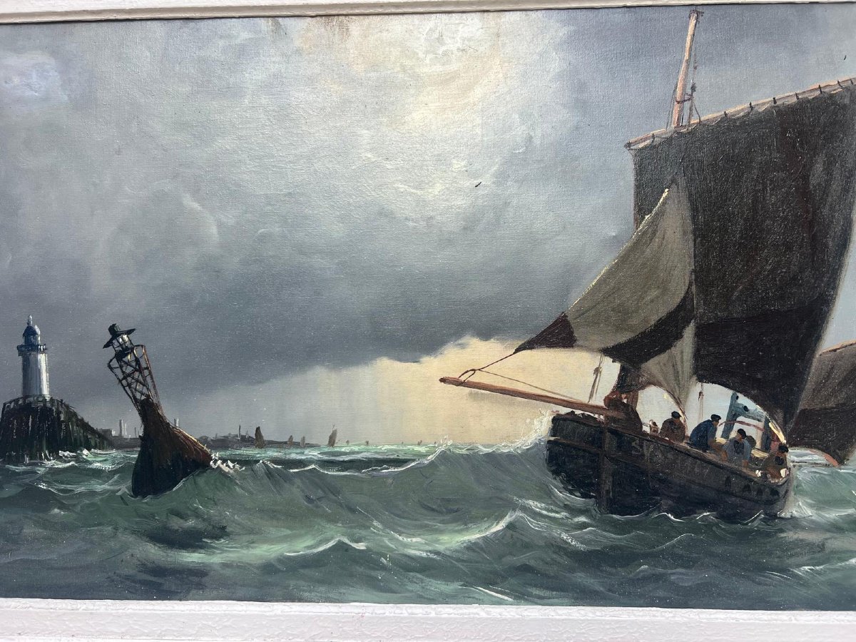 Signature Unreadible Seascape Painting: Storm Over The Sailboats. Oil On Canvas. -photo-2
