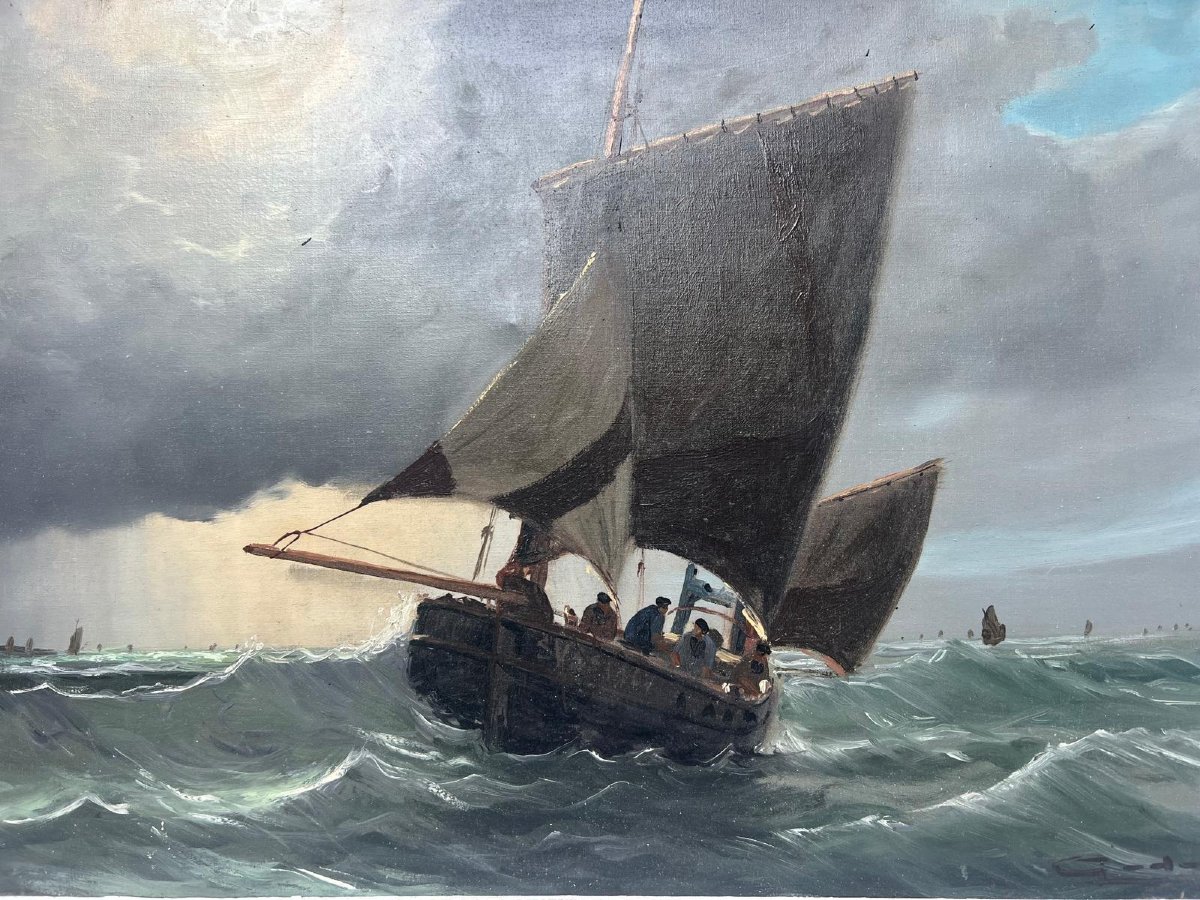 Signature Unreadible Seascape Painting: Storm Over The Sailboats. Oil On Canvas. -photo-3
