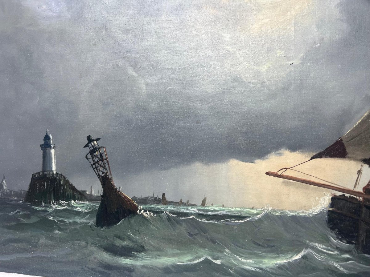 Signature Unreadible Seascape Painting: Storm Over The Sailboats. Oil On Canvas. -photo-4