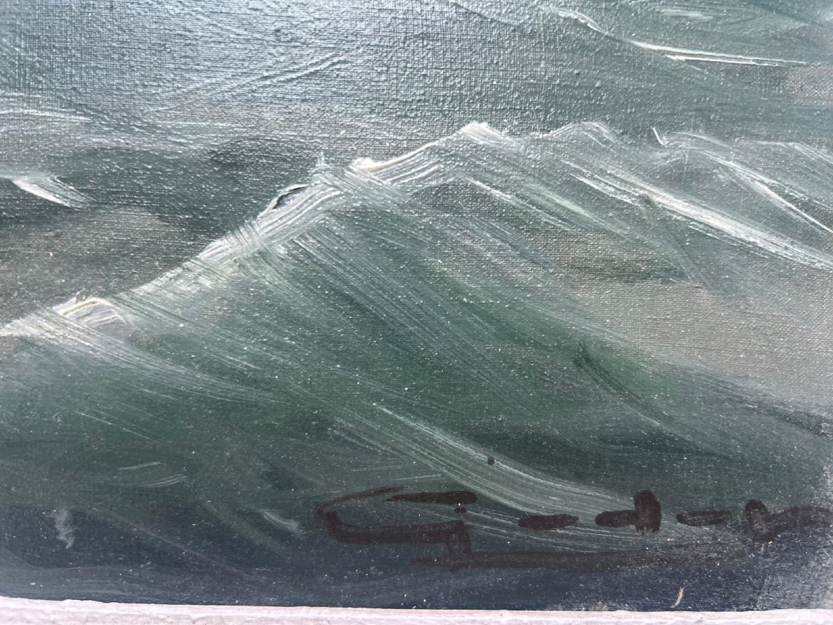 Signature Unreadible Seascape Painting: Storm Over The Sailboats. Oil On Canvas. -photo-1