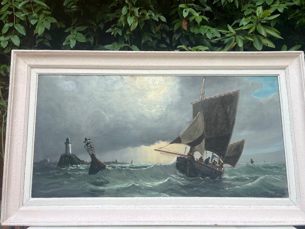 Signature Unreadible Seascape Painting: Storm Over The Sailboats. Oil On Canvas. -photo-2