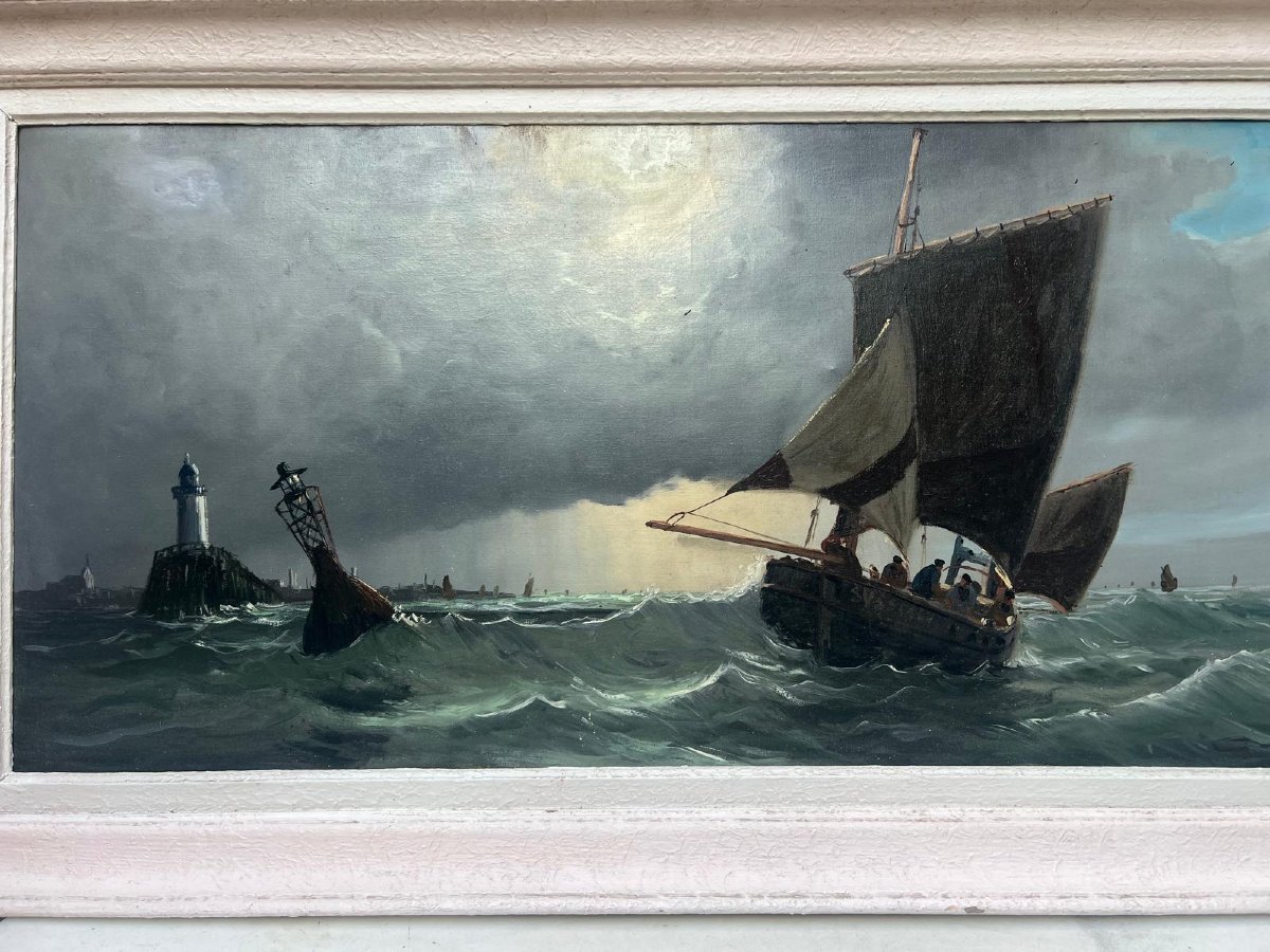 Signature Unreadible Seascape Painting: Storm Over The Sailboats. Oil On Canvas. 
