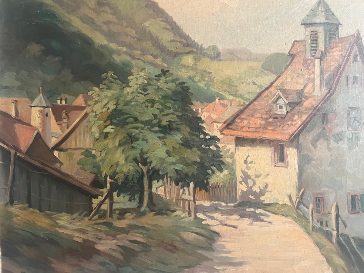 Tableau Paysage Alsacien Signé Joseph Kurtz 1892-1976 Huile sur toile. -photo-1