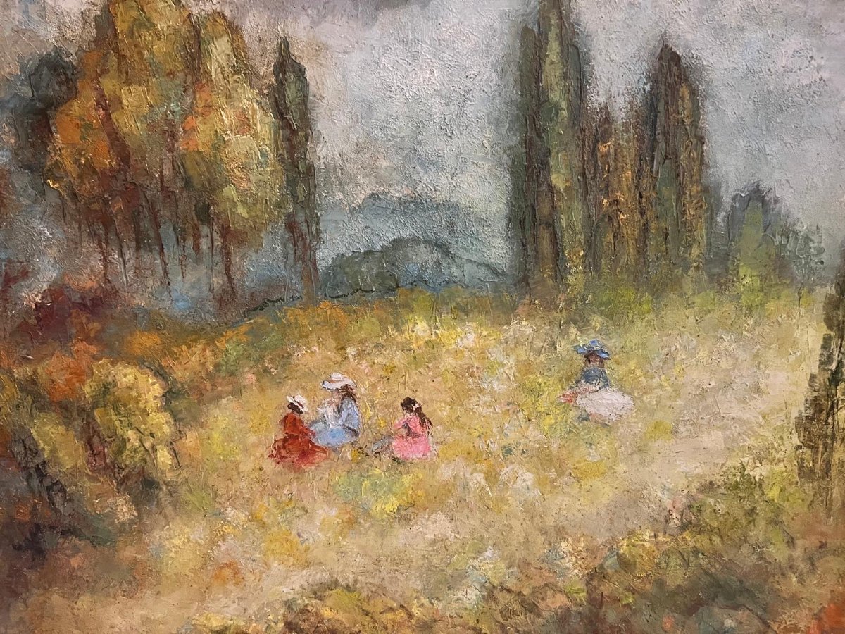 Tableau Paysage Personagens dans un champs de Fleurs Signé Marguerite du May. -photo-3
