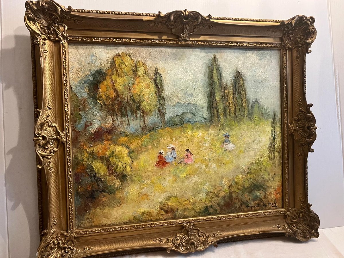 Tableau Paysage Personagens dans un champs de Fleurs Signé Marguerite du May. 
