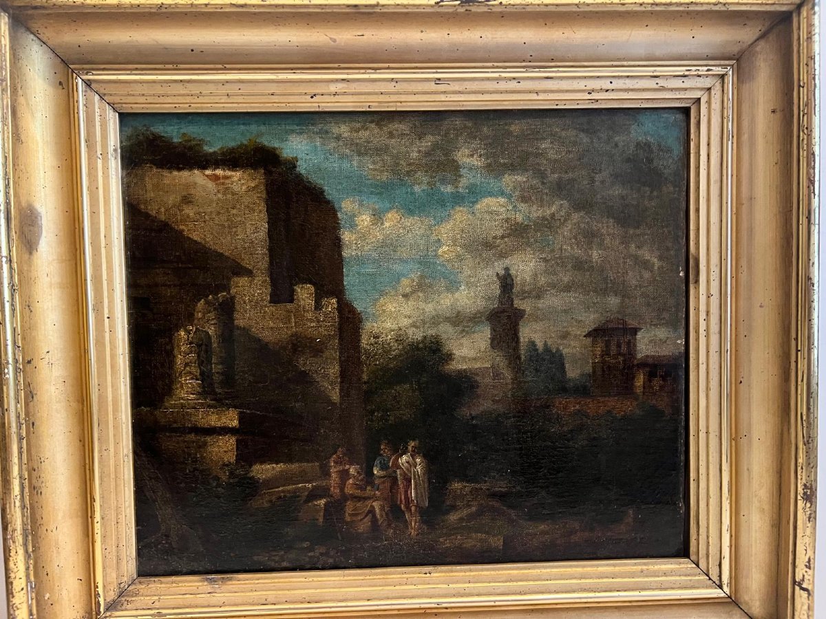 Painting: "18th-century Figures In The Ruins," Oil On Canvas, "to Be Cleaned" 
