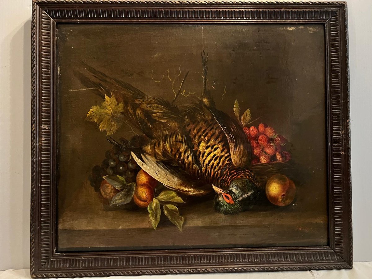 Deux Tableaux Pendant Nature Morte de Chasse anciennes 19 ème représentant un gibier à plumes. -photo-2