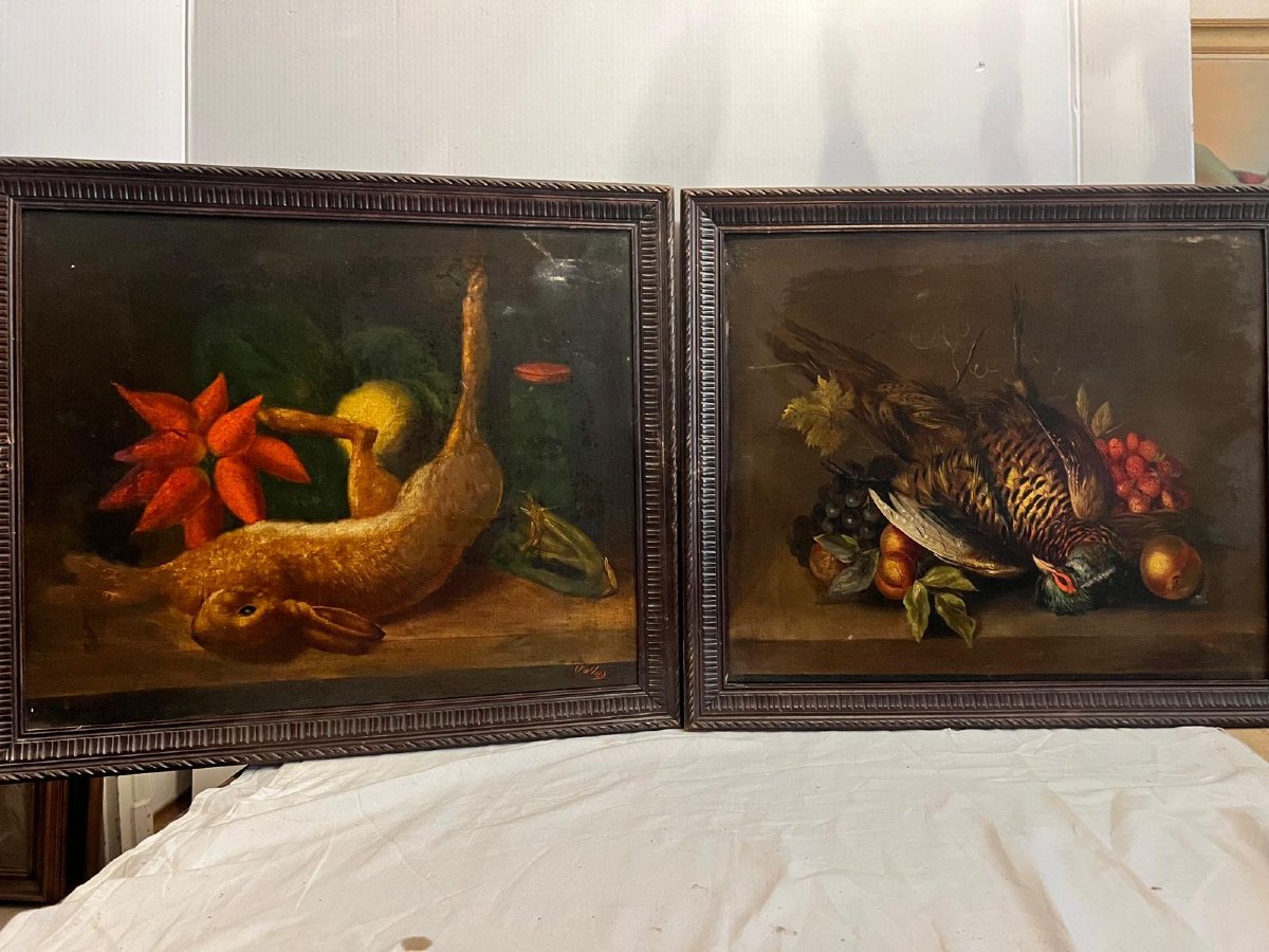 Deux Tableaux Pendant Nature Morte de Chasse anciennes 19 ème représentant un gibier à plumes. 