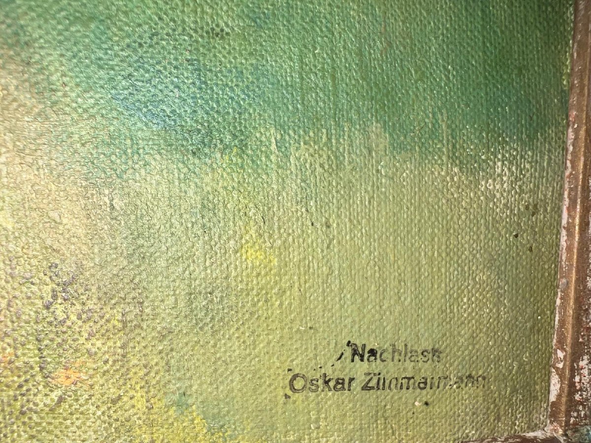 Tableau École Allemande Signé Oscar Zimmermann avec cachet de Nachlass Huile sur toile. -photo-2