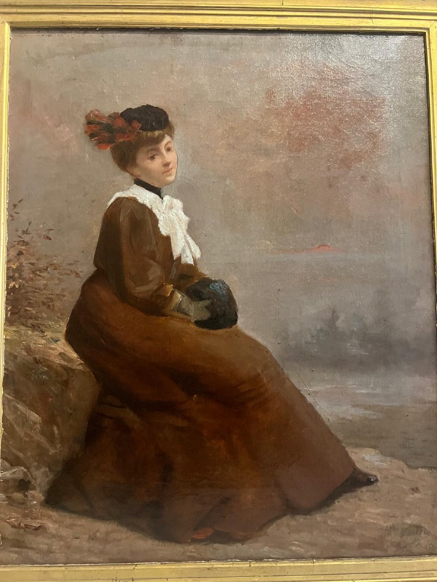 Tableau  Portrai Femme assise Signé Illisible 19 ème Huile sur toile. -photo-2