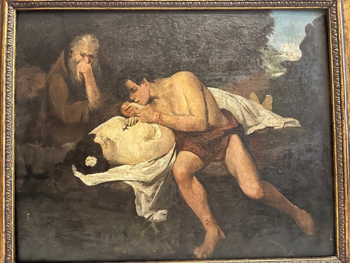 Tableau Scène de jeune Chactas et le Pére Pahaum penchés sur le Corps d'Atala Tenant le Crucifi-photo-2