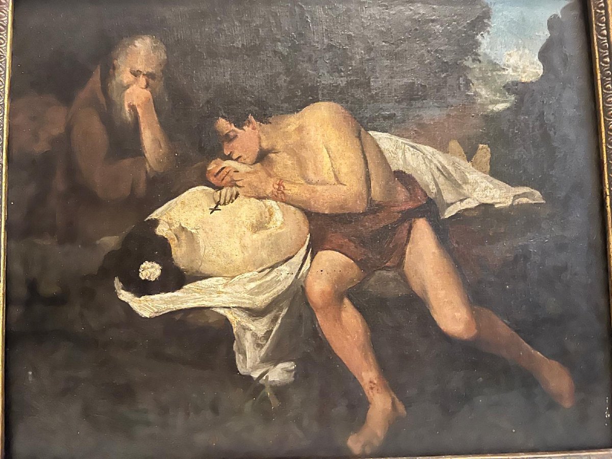 Tableau Scène de jeune Chactas et le Pére Pahaum penchés sur le Corps d'Atala Tenant le Crucifi-photo-3